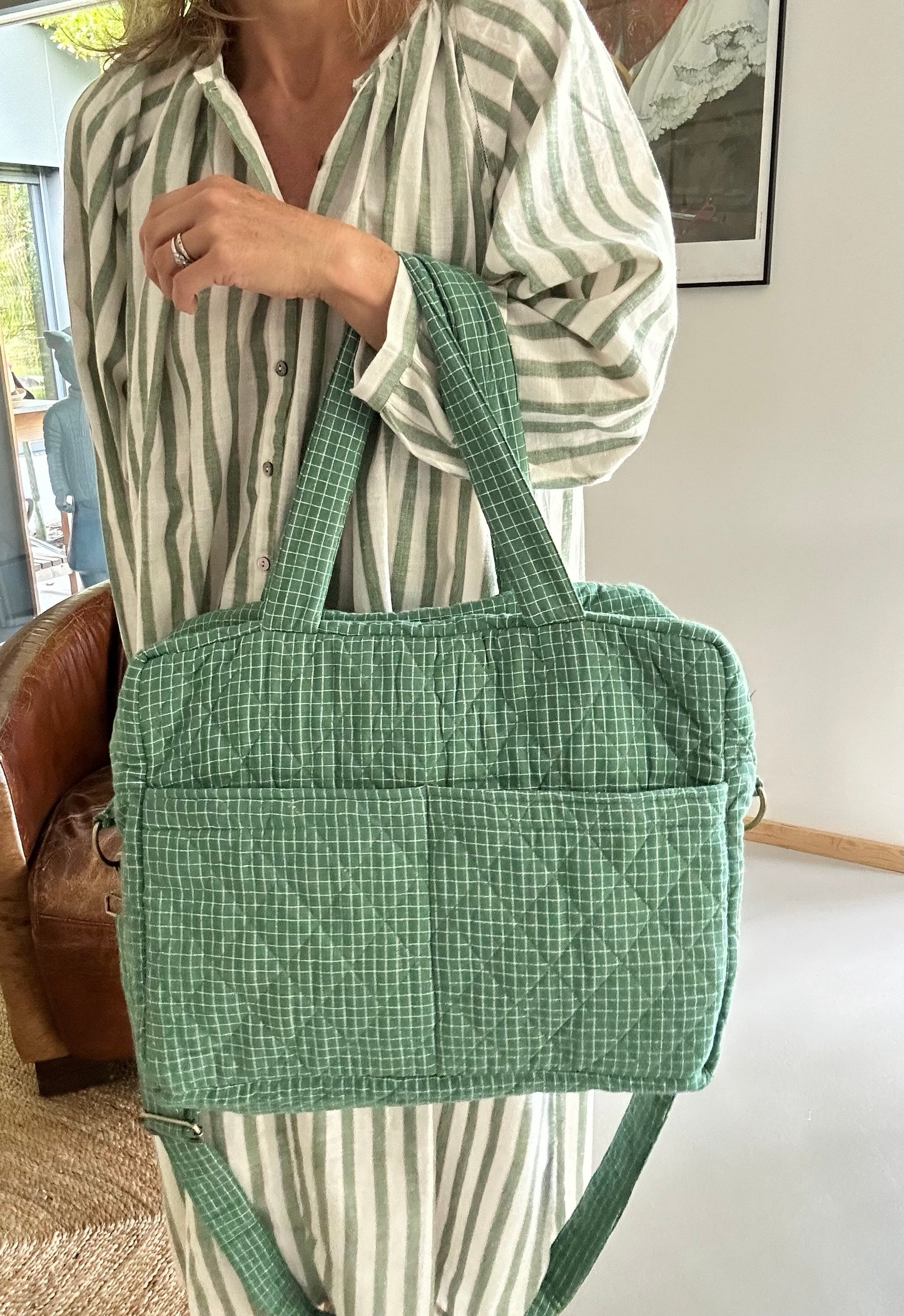 CABA en coton khadi matelassé vert à petits carreaux