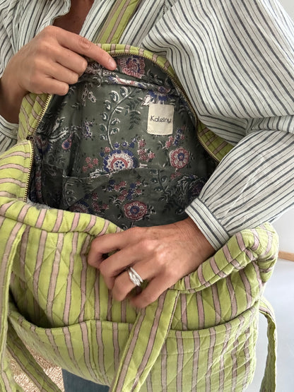 CABA en coton khadi matelassé vert & violine à rayures
