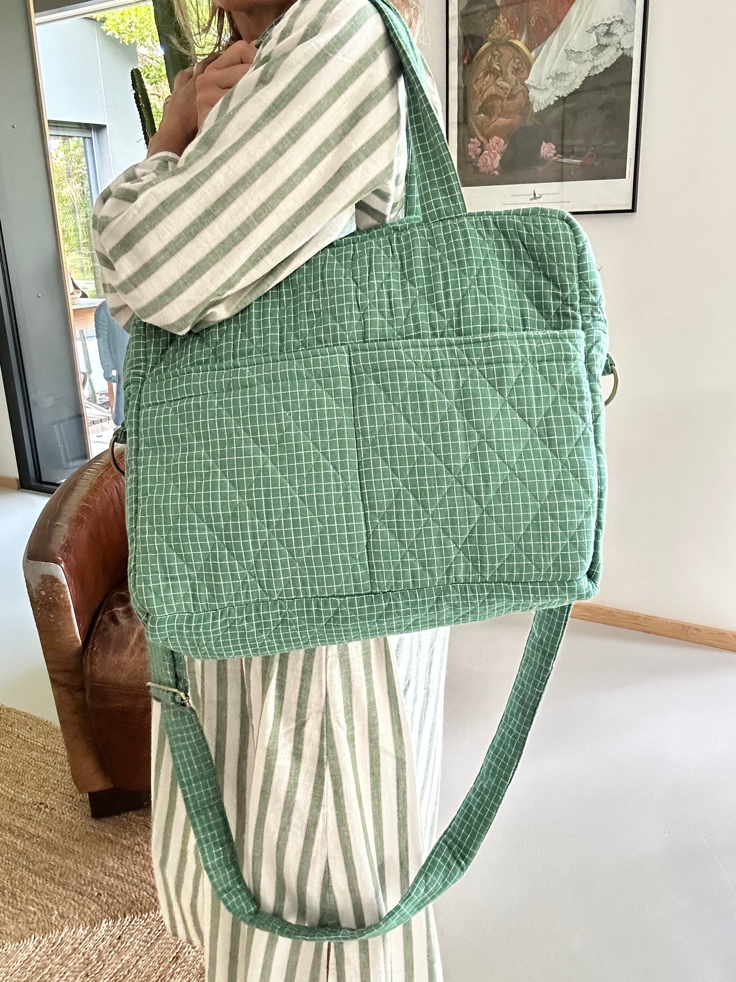 CABA en coton khadi matelassé vert à petits carreaux