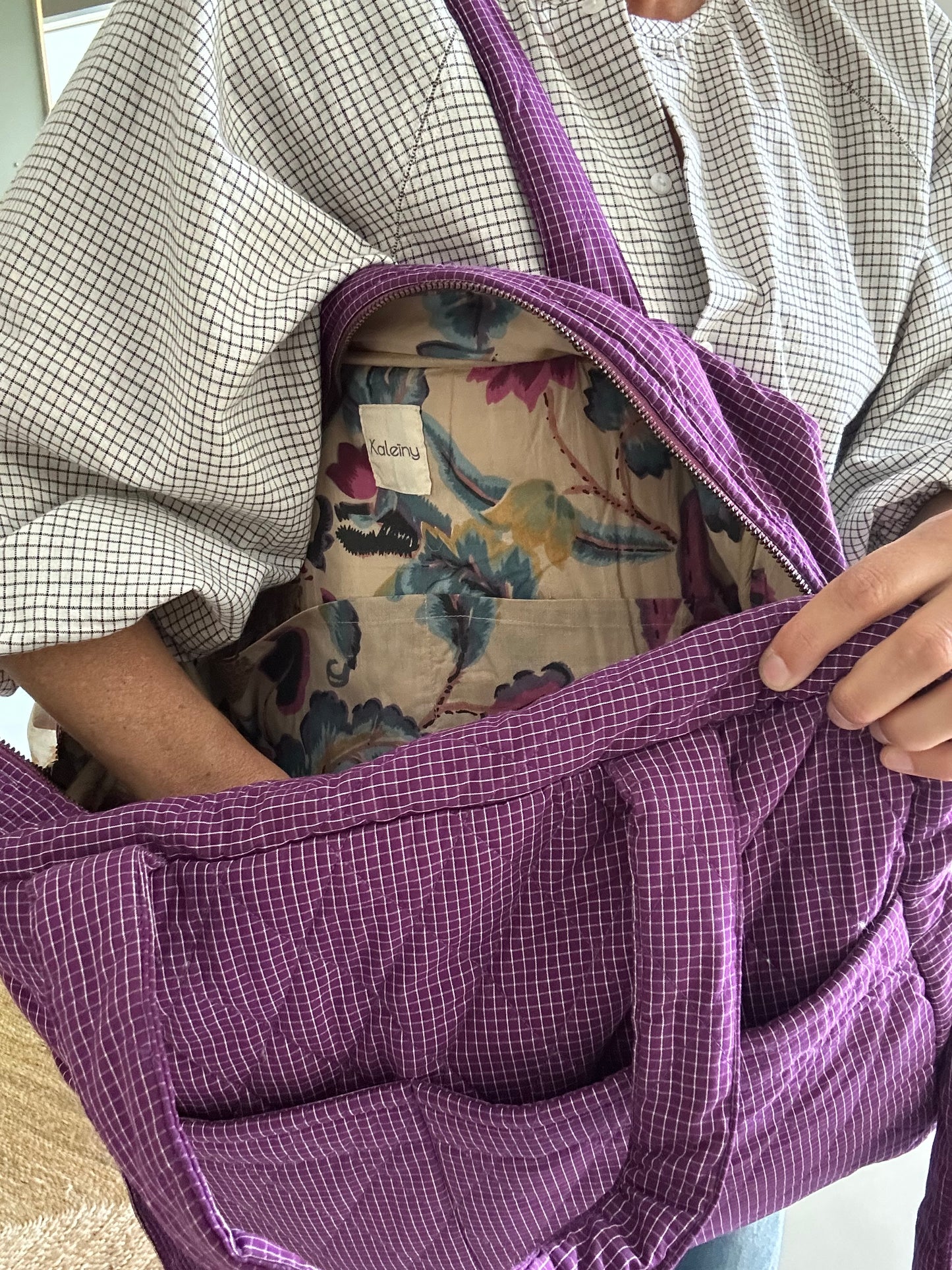 CABA en coton khadi matelassé violet  à petits carreaux