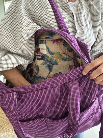 CABA en coton khadi matelassé violet  à petits carreaux