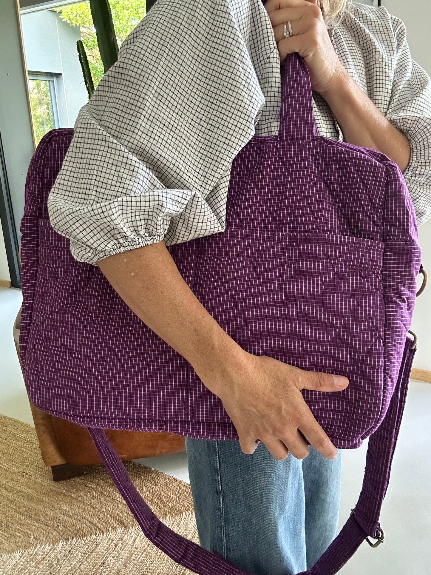 CABA en coton khadi matelassé violet  à petits carreaux
