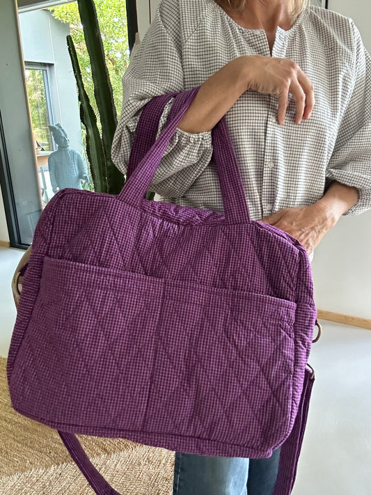 CABA en coton khadi matelassé violet  à petits carreaux