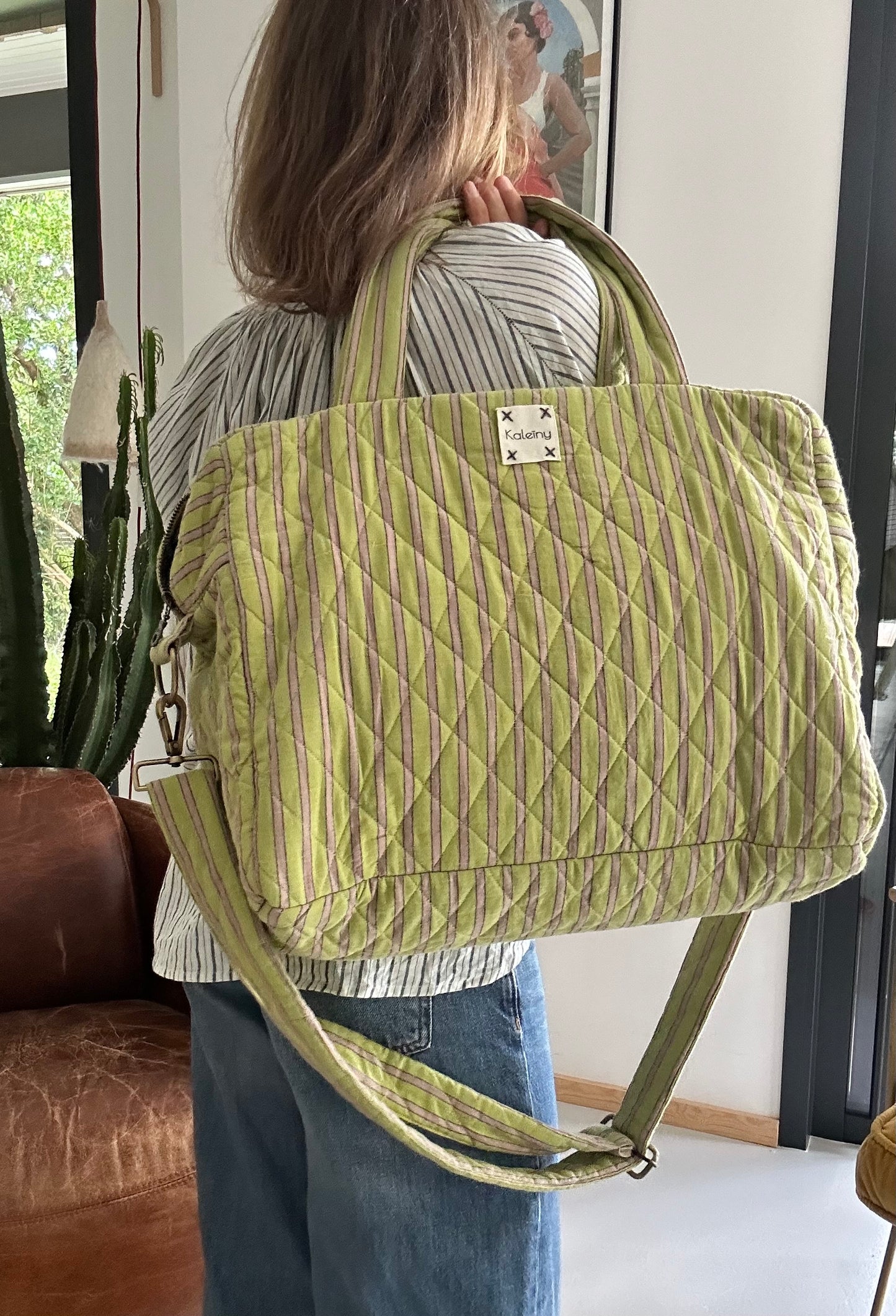 CABA en coton khadi matelassé vert & violine à rayures