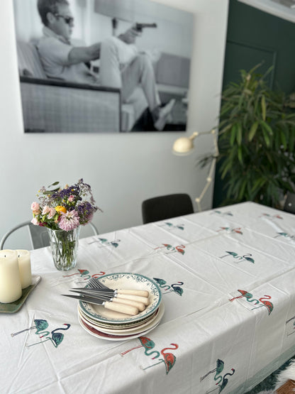 Nappe en coton crème avec motifs Flamand-rose Blockprint