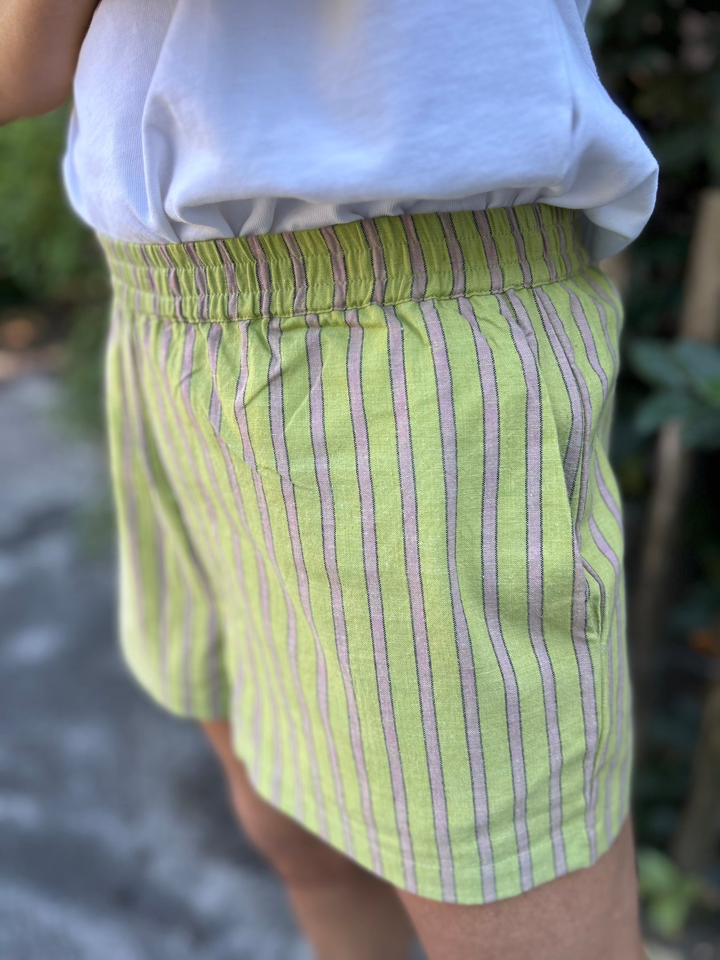 Short ARCA en khadi de coton à rayures vert & violine
