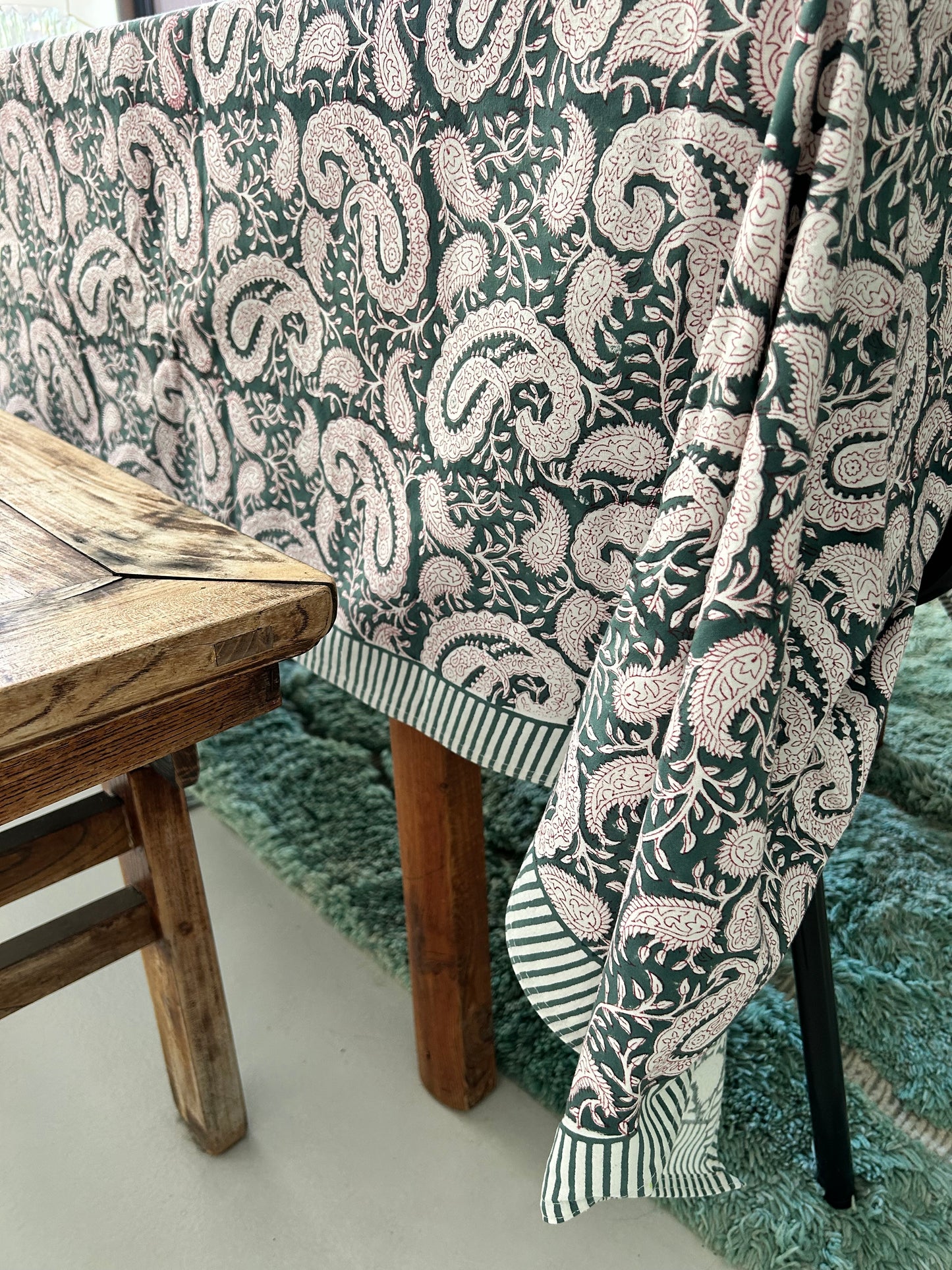 Longue nappe en coton imprimée à la main Cachemire Vert