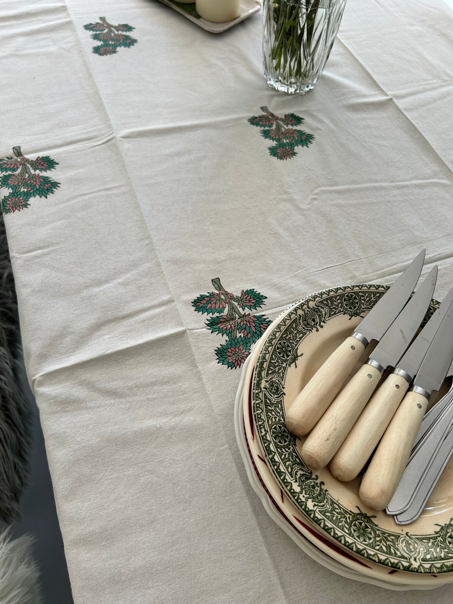 Nappe en coton crème avec motifs Arbuste Blockprint