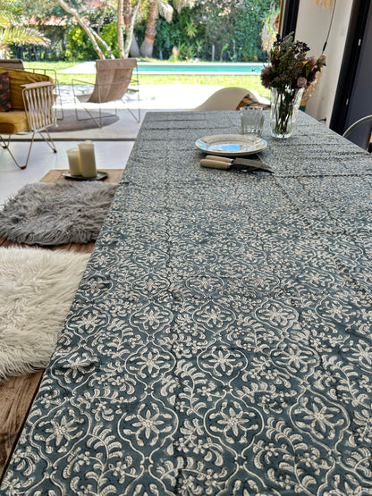 Nappe en coton imprimée à la main petites fleurs bleu jeans