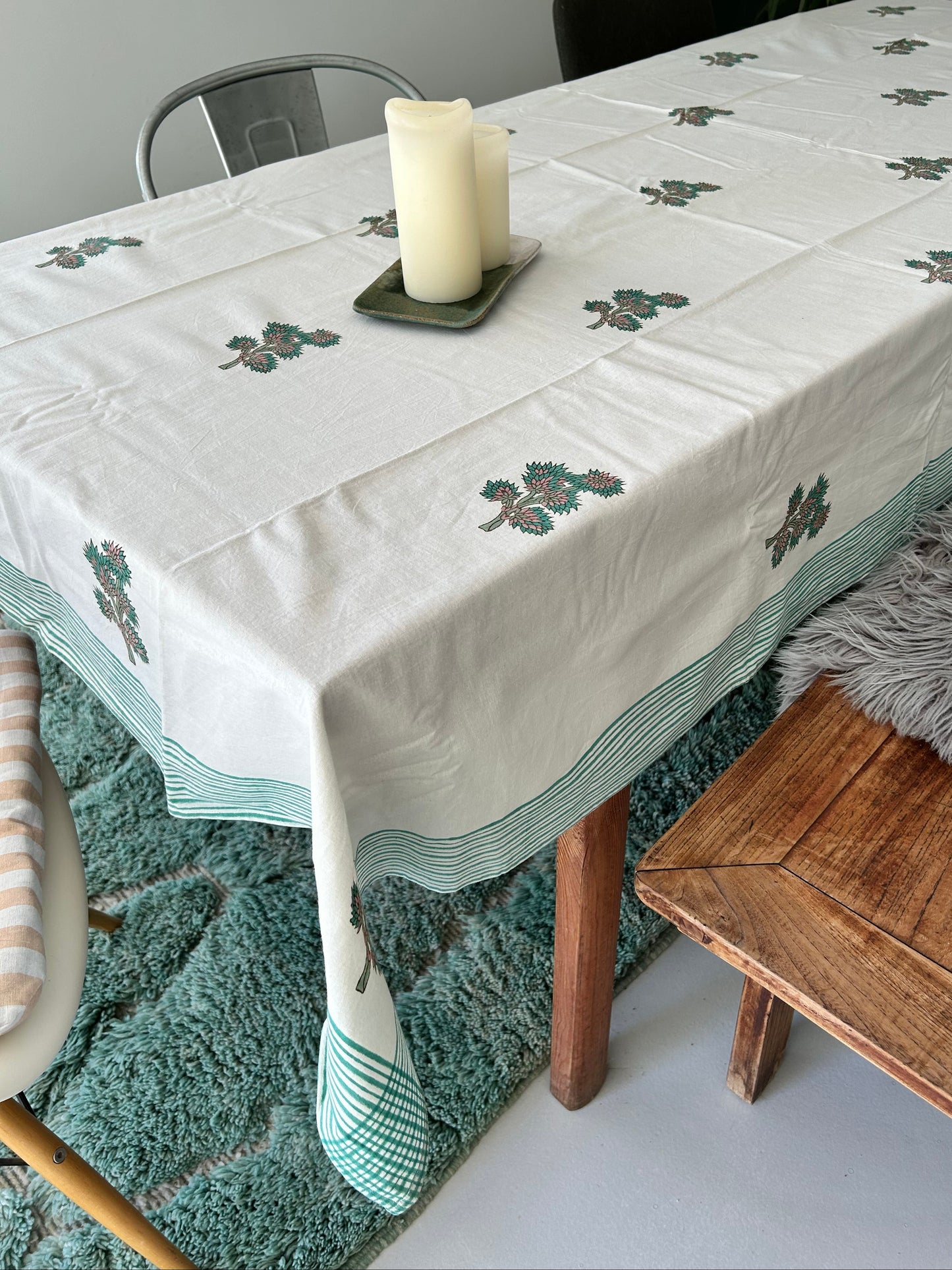 Nappe en coton crème avec motifs Arbuste Blockprint