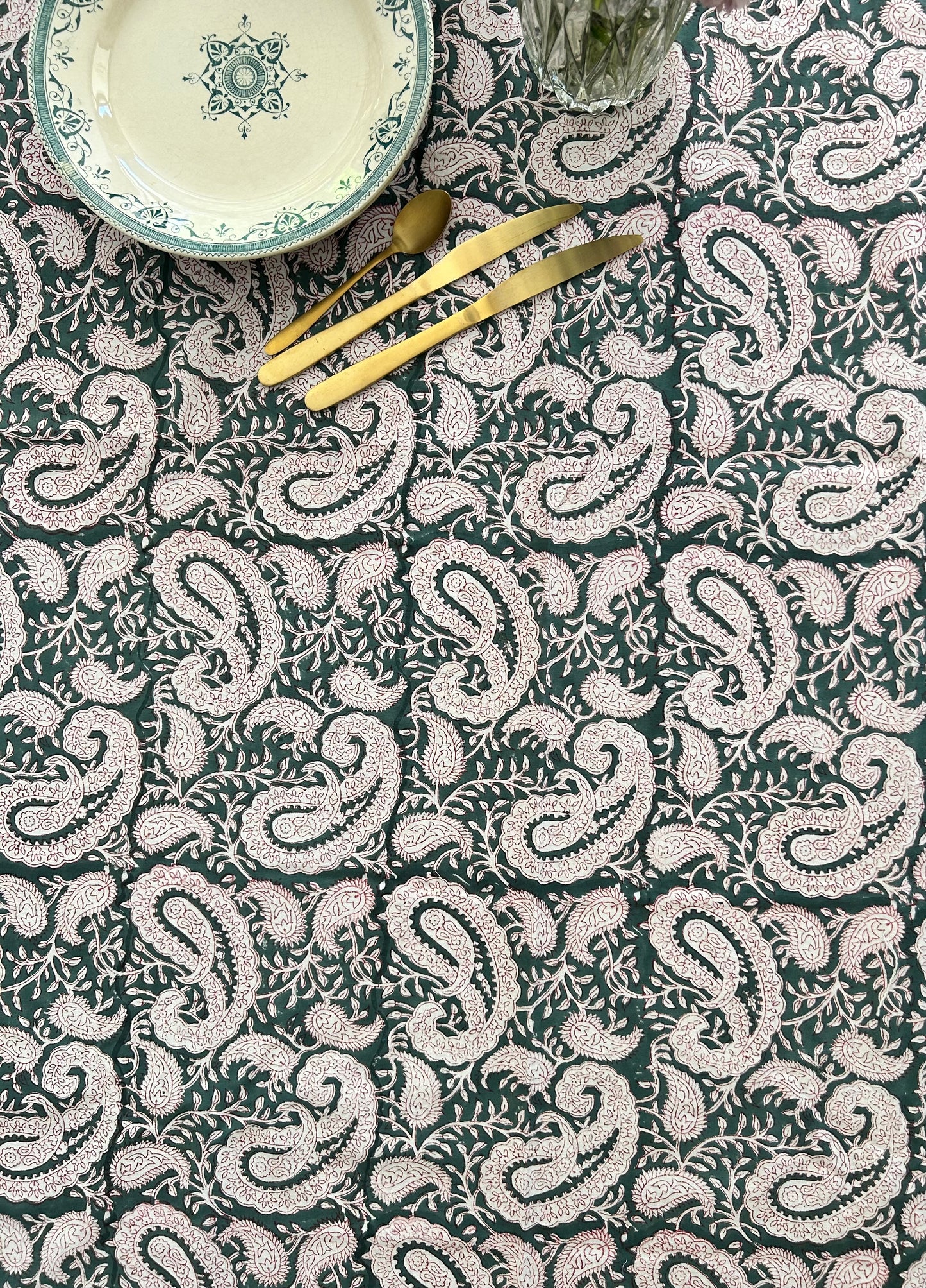Longue nappe en coton imprimée à la main Cachemire Vert