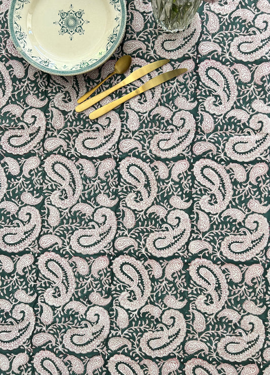 Longue nappe en coton imprimée à la main Cachemire Vert