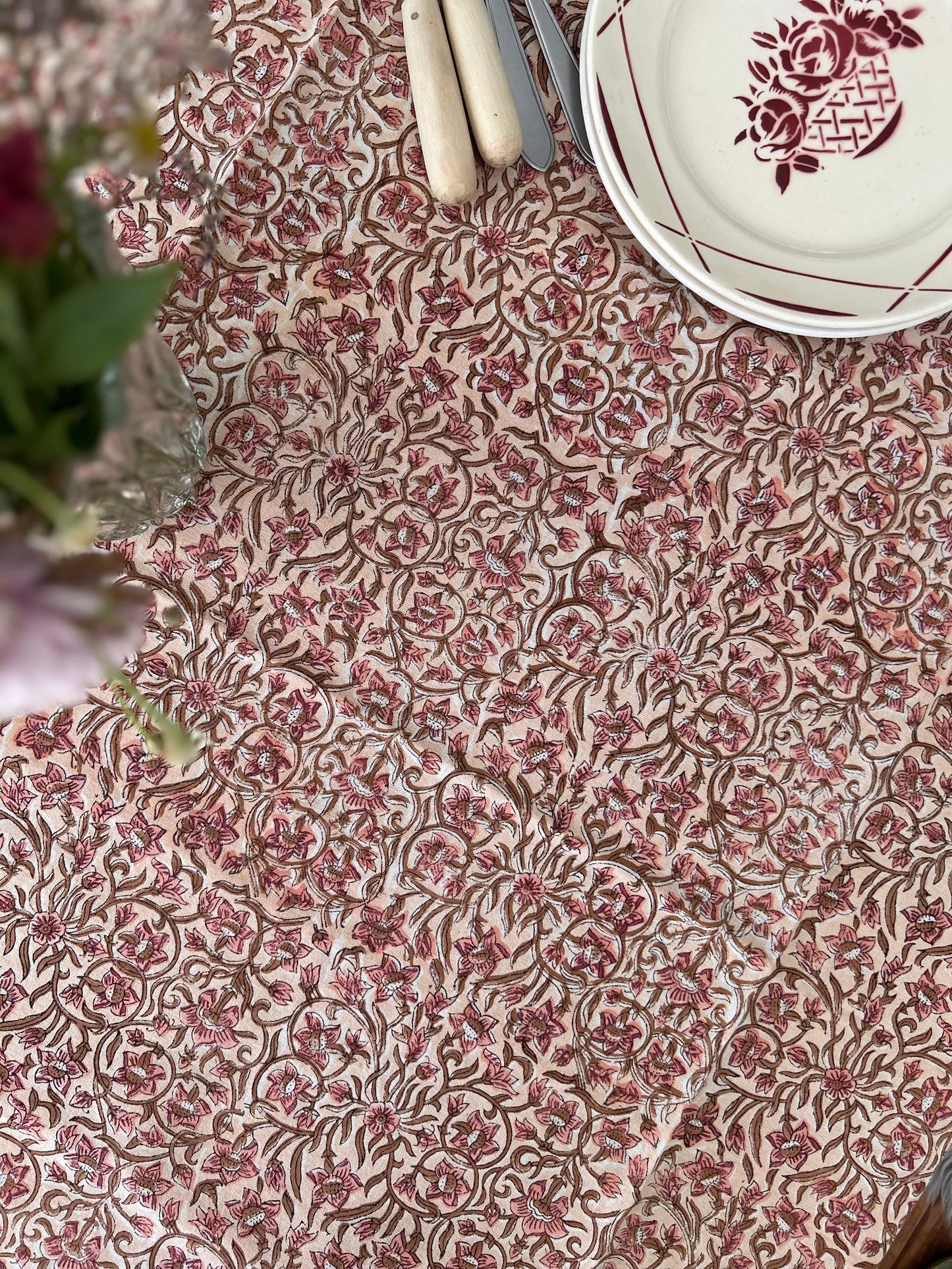 Nappe en coton blockprint  petites fleurs sable