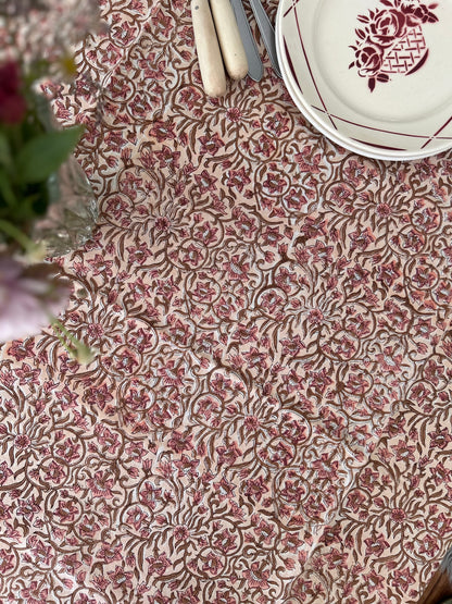 Nappe en coton blockprint  petites fleurs sable