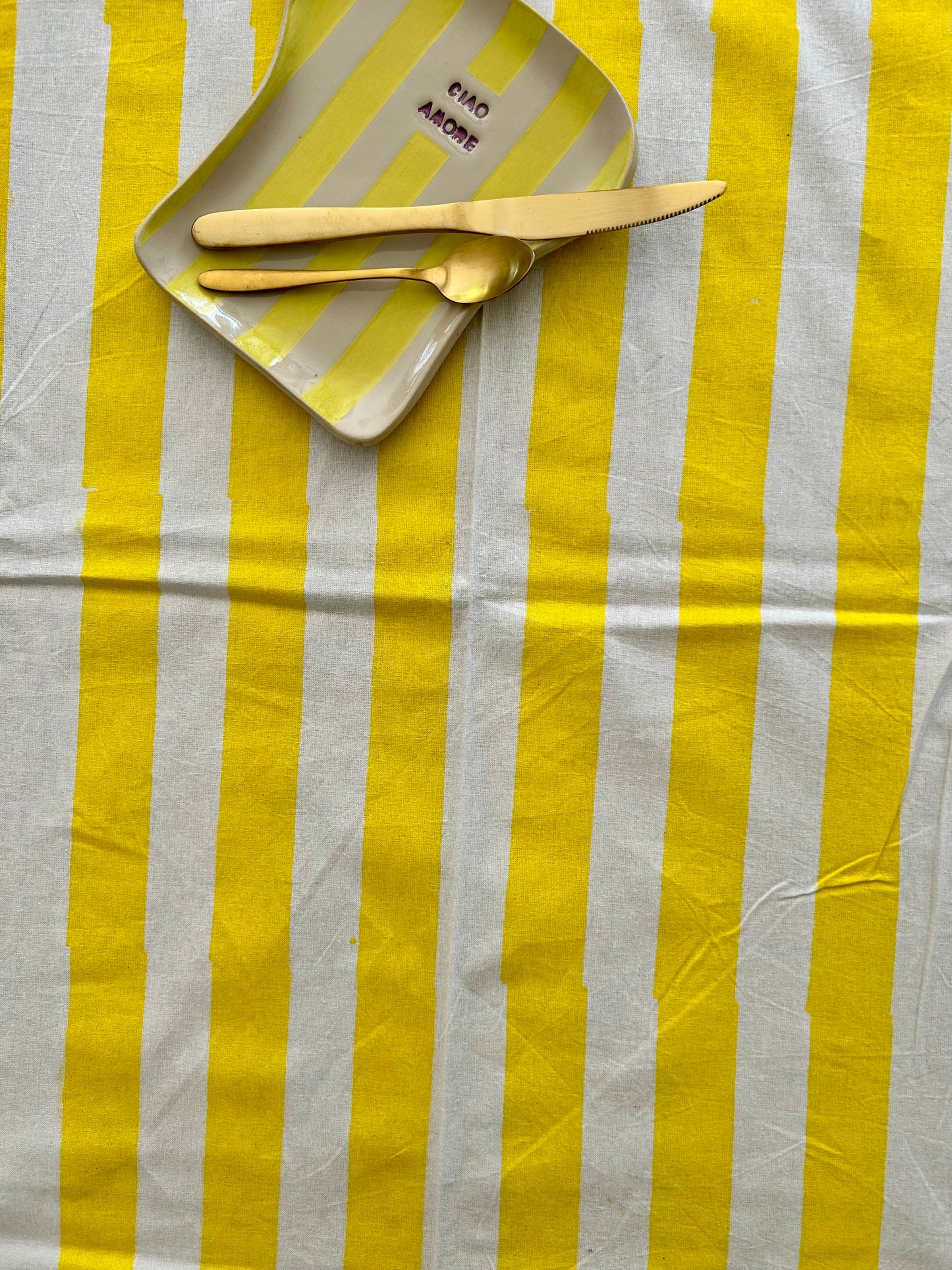 Longue nappe en coton imprimée à la main Rayures jaune