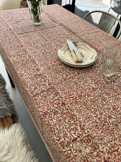 Nappe en coton blockprint  petites fleurs sable