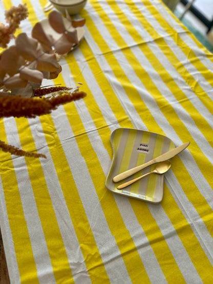 Longue nappe en coton imprimée à la main Rayures jaune