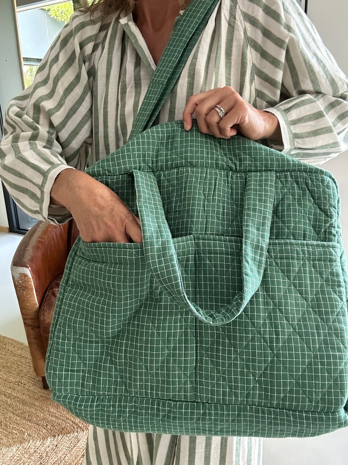 CABA en coton khadi matelassé vert à petits carreaux