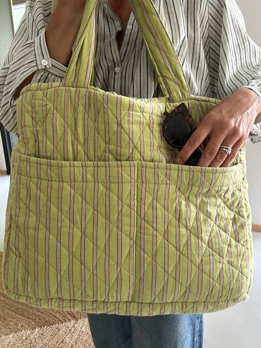 CABA en coton khadi matelassé vert & violine à rayures