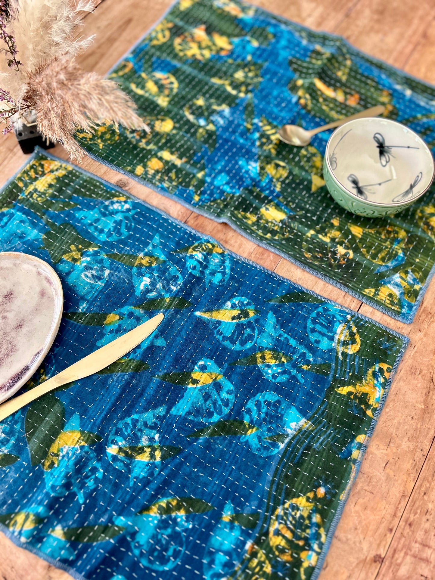 Lot de 2 sets de table en Kantha vintage Bleu- Vert  | Archives