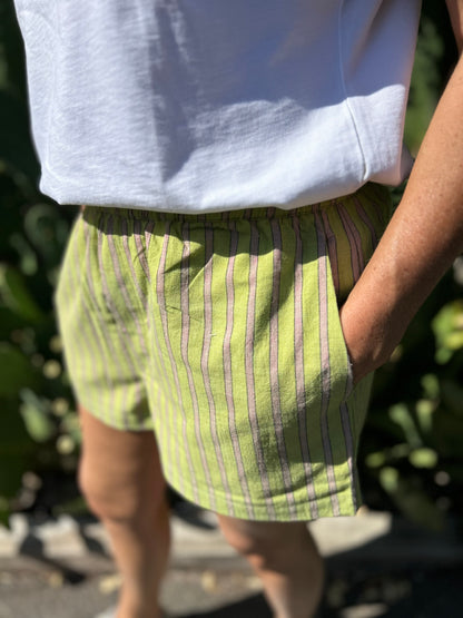 Short ARCA en khadi de coton à rayures vert & violine