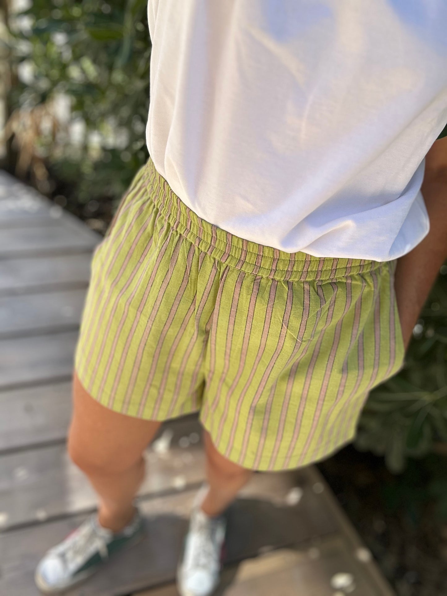 Short ARCA en khadi de coton à rayures vert & violine