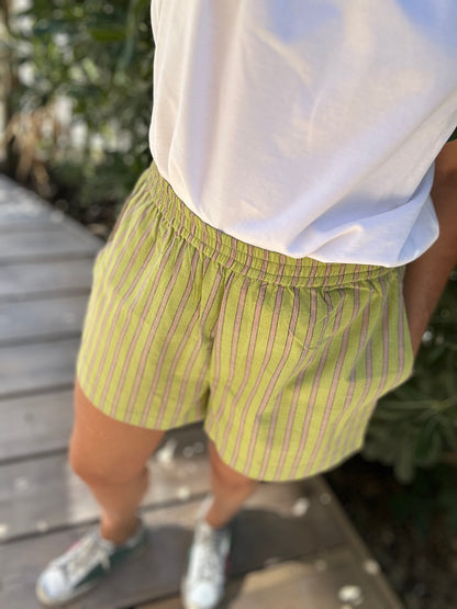 Short ARCA en khadi de coton à rayures vert & violine