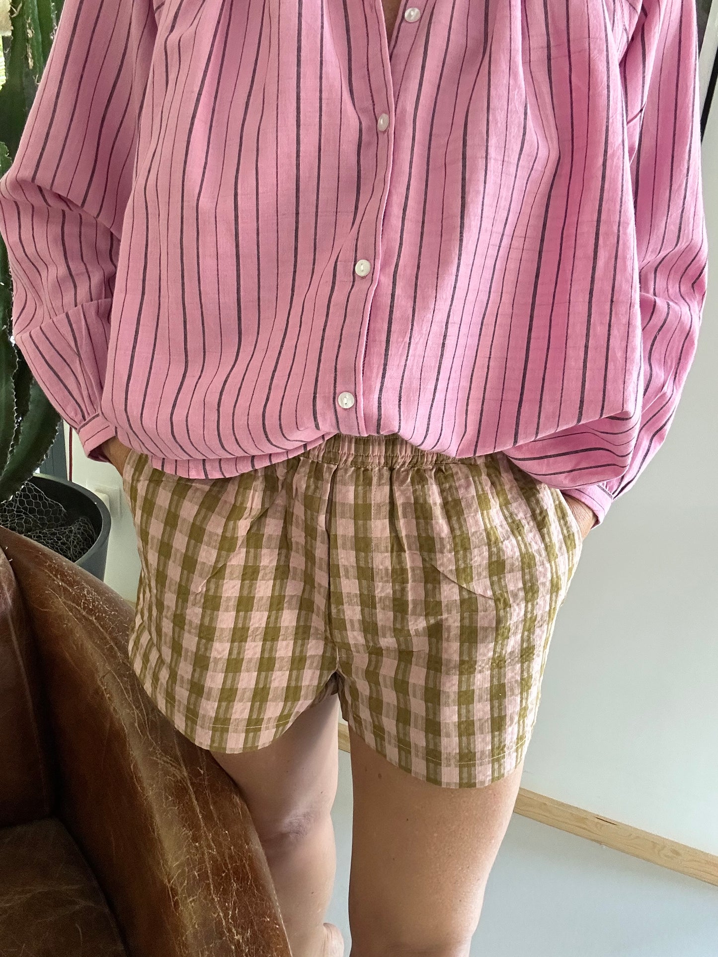 Short ARCA  en khadi de coton carreaux rose & kaki