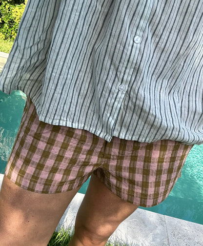 Short ARCA  en khadi de coton carreaux rose & kaki