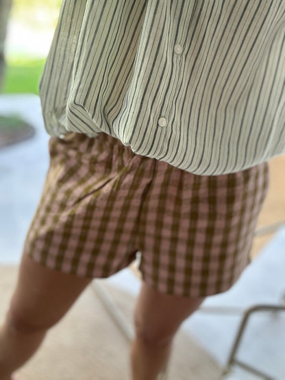 Short ARCA  en khadi de coton carreaux rose & kaki