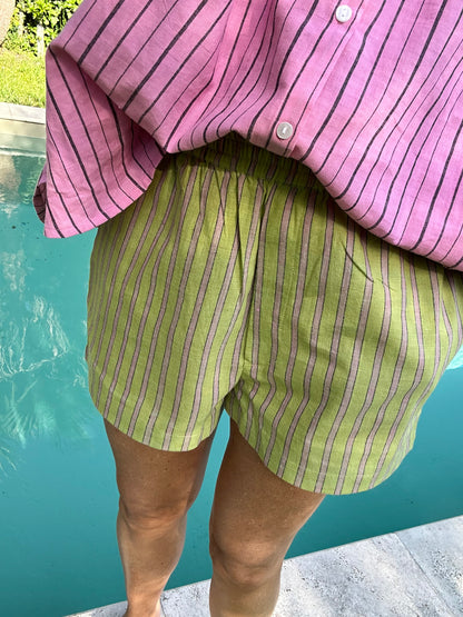 Short ARCA en khadi de coton à rayures vert & violine